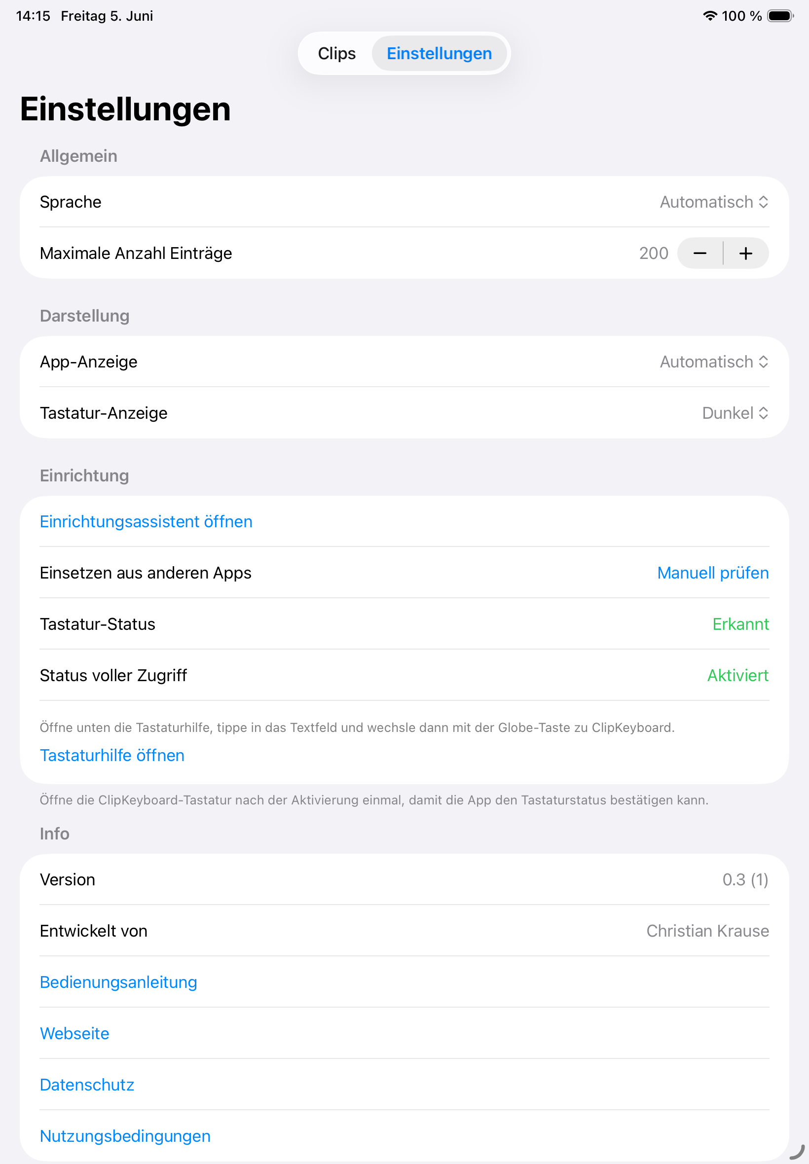 ClipKeyboard Einstellungen iPad